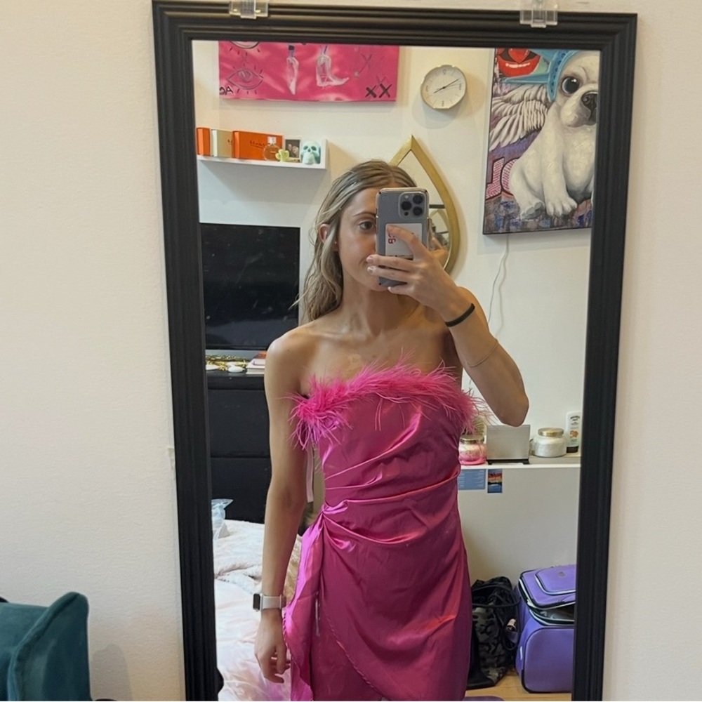 Women's Hot Pink Feather Trim Satin Slip Dress